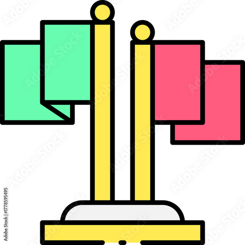 Set of Two Desk Flags with Green and Red Flags on Yellow Poles on a White Base