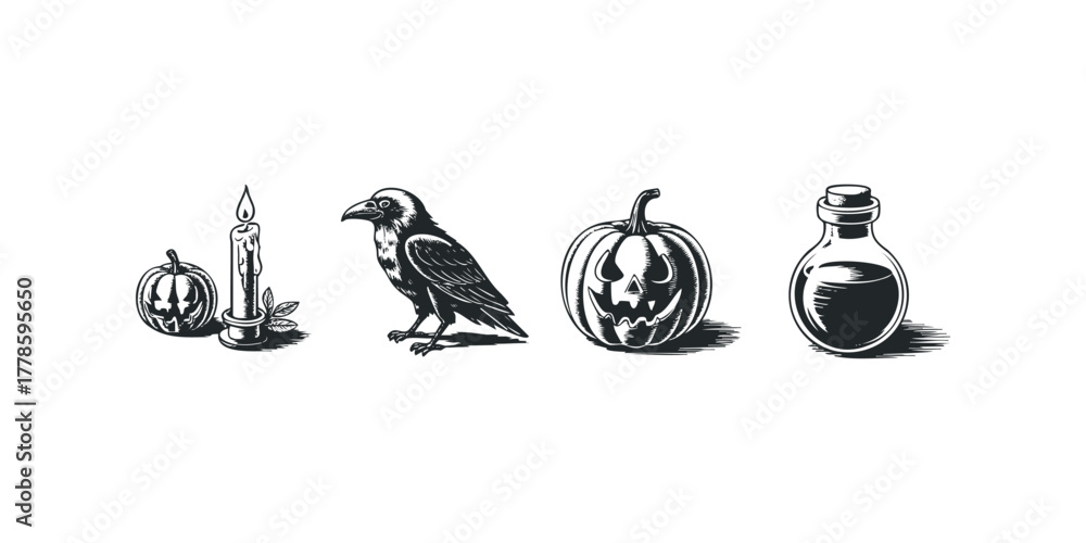 Obraz premium Halloween objects with carved pumpkins and raven