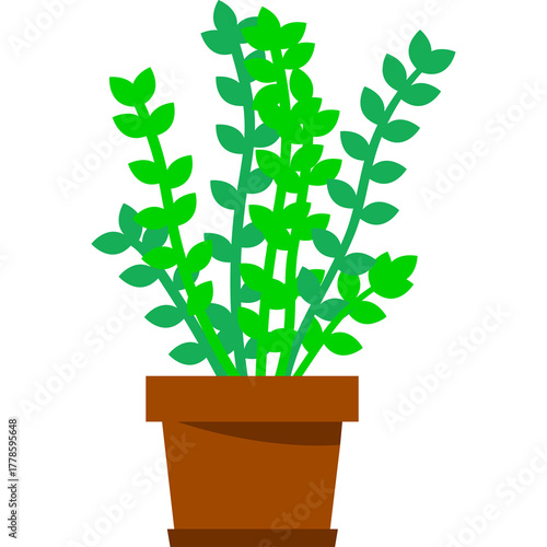 Green Potted Plant With Multiple Stems And Leaves In A Brown Pot With Transparent Background And Simple Flat Design