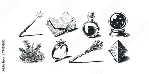 Collection of enchanted magical objects and mystical symbols