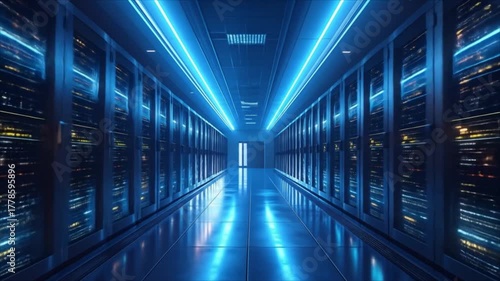 Futuristic Data Center Hallway with Glowing Blue Lights and Server Racks