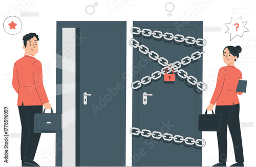 Man and woman facing locked and unlocked doors with gender symbols equality inequality