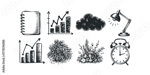 Sketch icons of notebook, bar chart, cloud, lamp, plant, and alarm clock