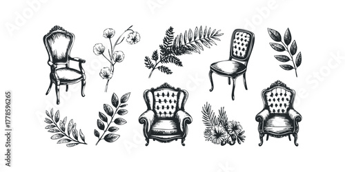 Vintage Armchair and Botanical Sketch Collection