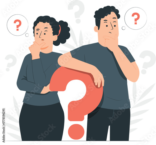 Man and woman thinking with large question marks around them confusion doubt