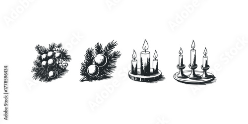 Christmas pine branch with baubles and burning candles