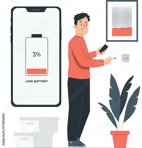 Man charging phone with low battery and plant battery indicator