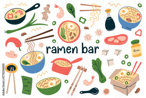 Collection of flat cartoon illustrations on ramen theme with bowls of noodles, broth and ingredients. Japanese food concept for menu design, restaurant branding, recipe cards and vector ramen bar set