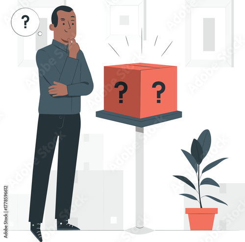 Man contemplating a mysterious box with question marks thinking questioning
