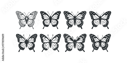 Group of black and white butterfly outlines