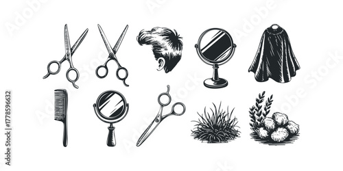Haircutting tools and salon items with illustrative style