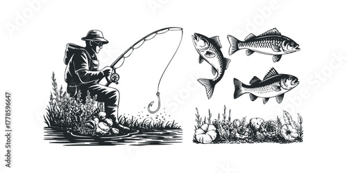 Fisherman waiting for a bite with fish and flora elements