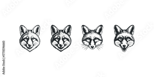 Four detailed fox head sketches