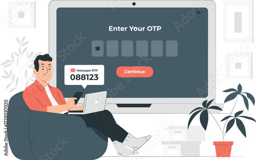 Man enters OTP code on laptop while relaxing on beanbag chair vector illustration