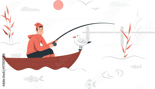 Man Fishing from Boat with Seagull and Reeds vector illustration
