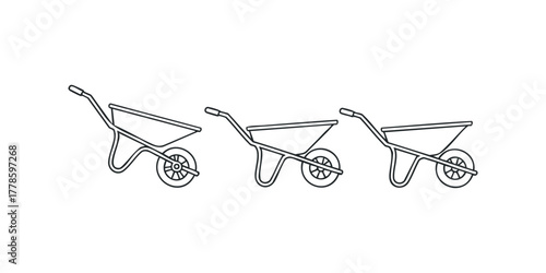 Three line art wheelbarrows side by side on white