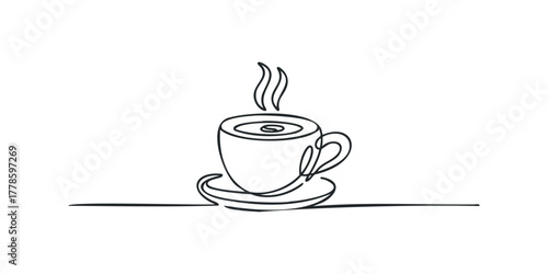 Minimalist single line drawing of steaming hot coffee cup and saucer