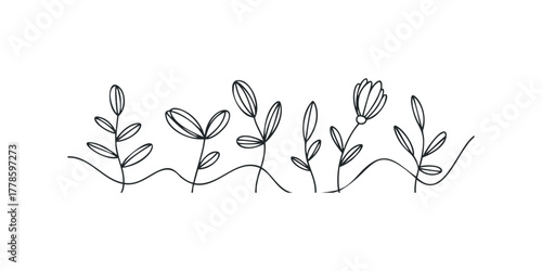 Simple line drawing of plants and flowers