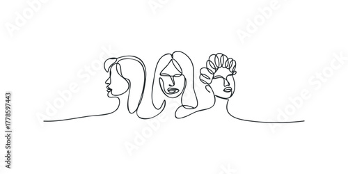 Three abstract faces depicted in continuous line art style