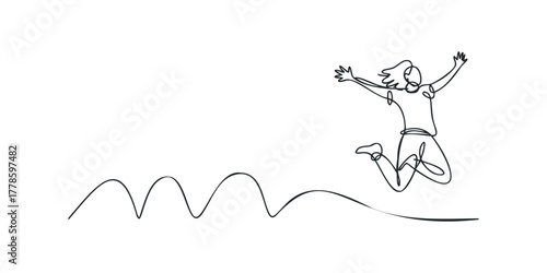 Person jumping with arms outstretched in continuous line drawing style