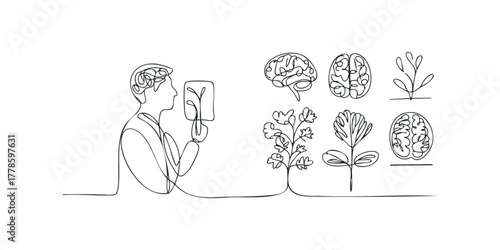 Man examines plant specimen with detached brain outlines and leaf sketches