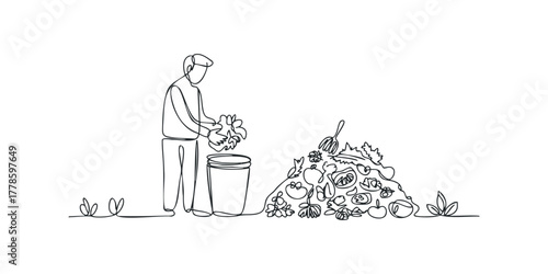 Person adding organic waste to compost pile with gardening tool