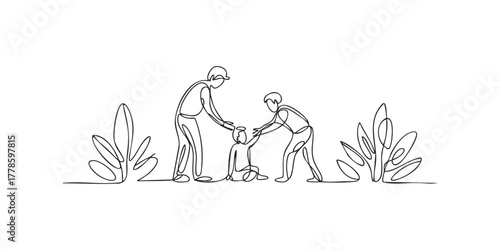 Adults helping child in minimalist line drawing style