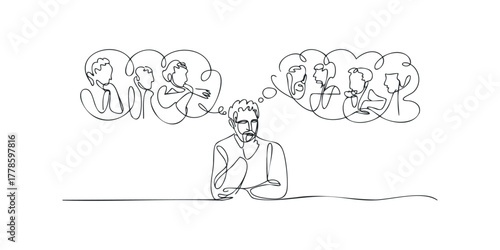 Man thinking about other people in continuous line drawing style