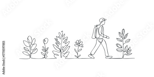 One line drawing of a person walking amongst foliage