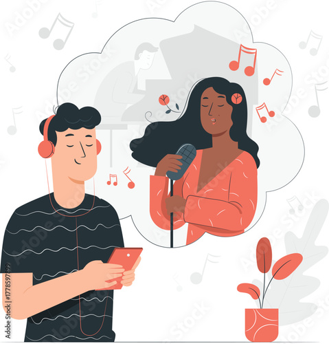 Man listening to music and dreaming of a singer performing on stage headphones smartphone