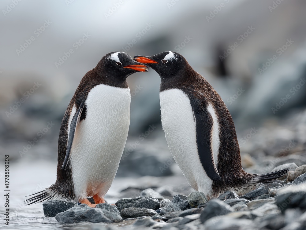 Naklejka premium A Romantic Encounter Two Gentoo Penguins in a Tender Moment by the Shoreline