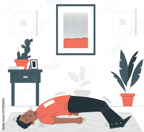 Man lying on floor in distress with wavy lines around him pain