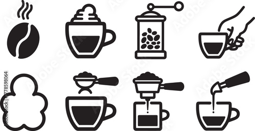Black and white vector icons of coffee making process and drinks bean steam.eps