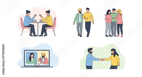 Diverse Friends Connecting and Socializing in Various Ways Coffee Walking Video Call and Greeting