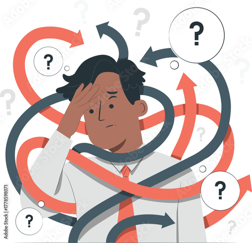 Man overwhelmed by tangled arrows and question marks confusion stress