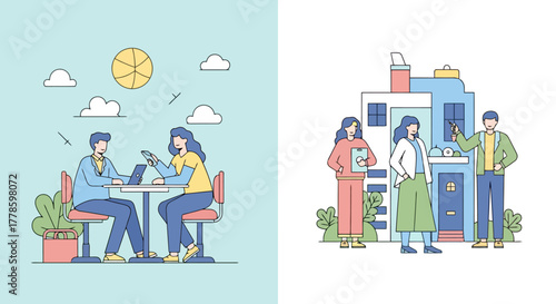 Diverse Business Meeting and Real Estate Agents Illustrating Collaboration and Property Sales