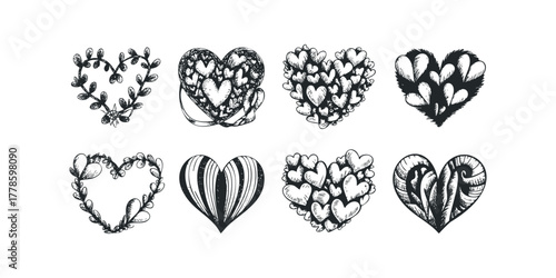 Collection of Eight Hand Drawn Hearts in Black and White