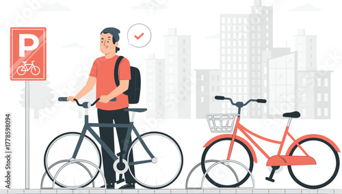 Man parking a bicycle at a designated bike parking spot bicycle parking bike rack