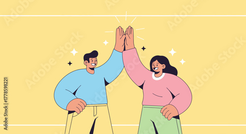 Joyful Diverse Team Celebrating Success with High Five and Sparkles Flat Illustration