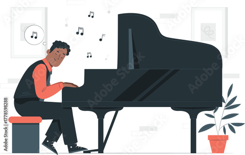 Man Playing Grand Piano with Musical Notes Floating vector illustration