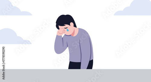 Sad Young Man Crying with Tears Expressing Emotional Distress Mental Health Grief Depression Loneliness Solitude Sadness Pain Despair Unhappiness Melancholy Somber Mood