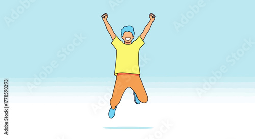 Joyful Person Jumping with Arms Raised High in Celebration Against a Bright Blue Sky Background