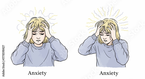 Young Woman Experiencing Anxiety and Stress with Hands on Head Illustration of Mental Health Struggle