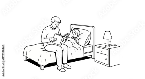Father Reading Bedtime Story to Child in Cozy Bedroom Illustration of Family Love and Bonding
