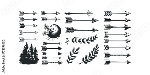 Tribal Arrow Collection with Natural Elements and Forest Silhouette