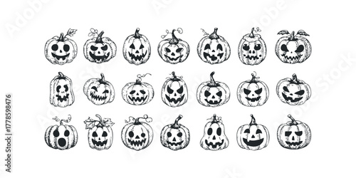 Hand Drawn Jack O Lantern Faces Arrangement
