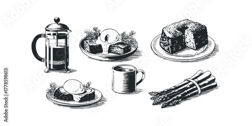 French press coffee, decadent dessert with ice cream, and fresh asparagus bunch