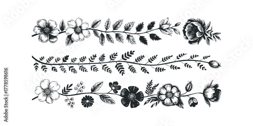 Black and White Floral Branches and Flowers Ornamental Design