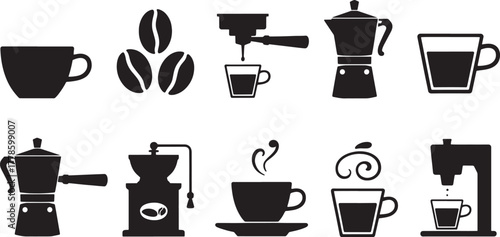 Black coffee icons featuring cups espresso machines moka pots grinders and beans coffee bean