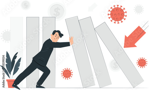 Man pushing against falling dominoes representing economic crisis business economy